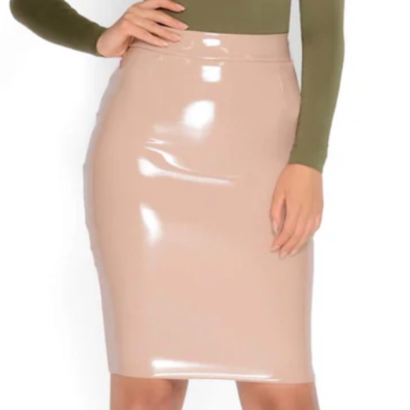 Oh Polly Smooth Talker Vinyl Midi Skirt in Nude - Picture 2 of 2